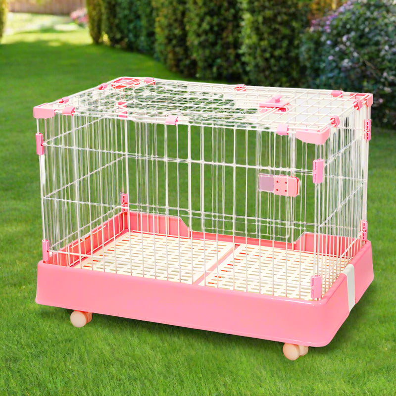 YES4PETS Large Pink Pet Dog Cage Cat Rabbit  Crate Kennel With Potty Pad And Wheel