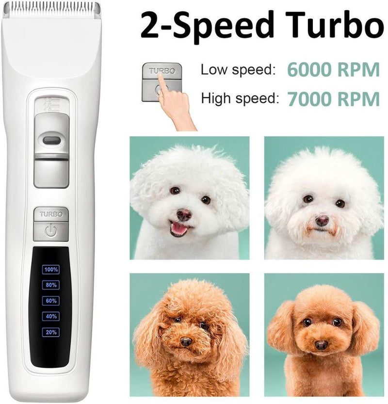 A white pet electric dog pet clipper kit with a display showing different speed settings and accompanied by images of pets such as dogs and cats to indicate the product's use.