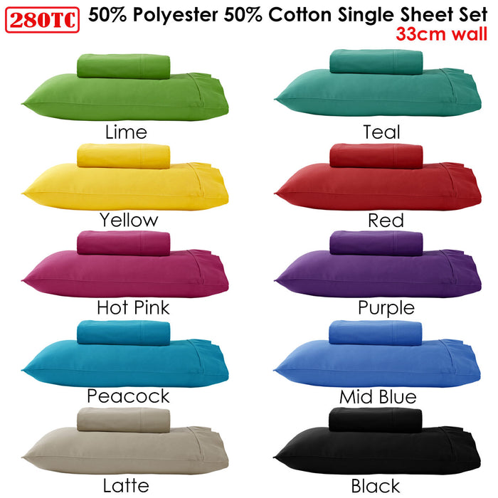 Danoz Direct -  280TC 50% Polyester 50% Cotton Sheet Set Single Mid Blue