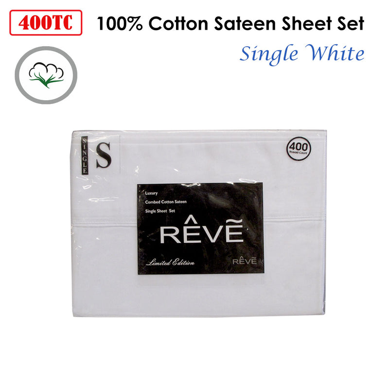Danoz Direct -  400TC Reve 100% Cotton Sateen Sheet Set White Single