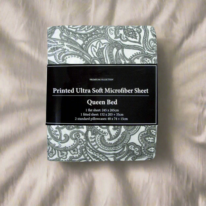 Danoz Direct -  Printed Microfiber Sheet Set Single Grey Paisley