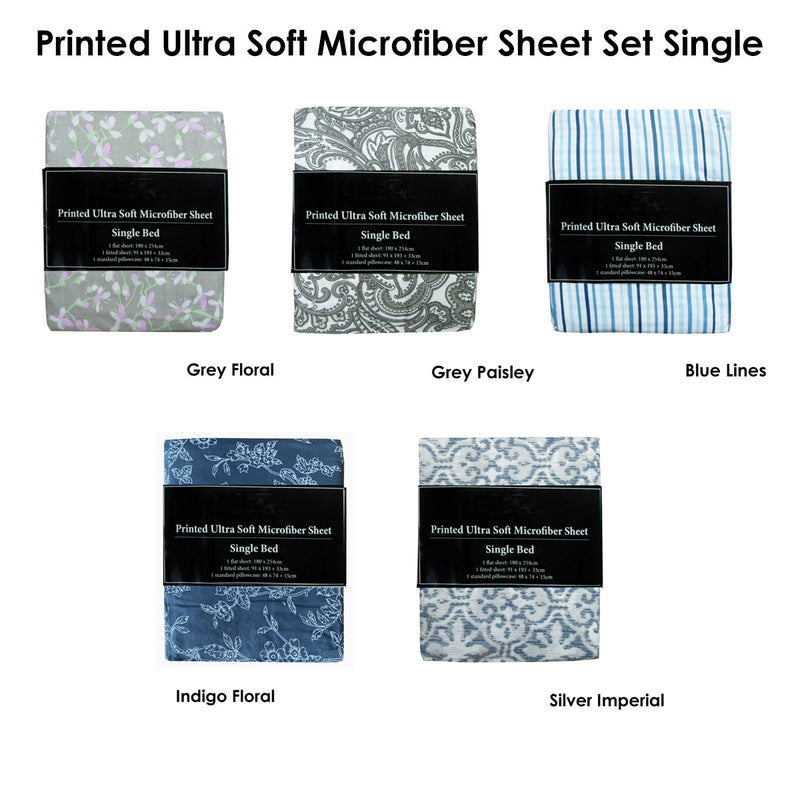 Danoz Direct -  Printed Microfiber Sheet Set Single Grey Paisley