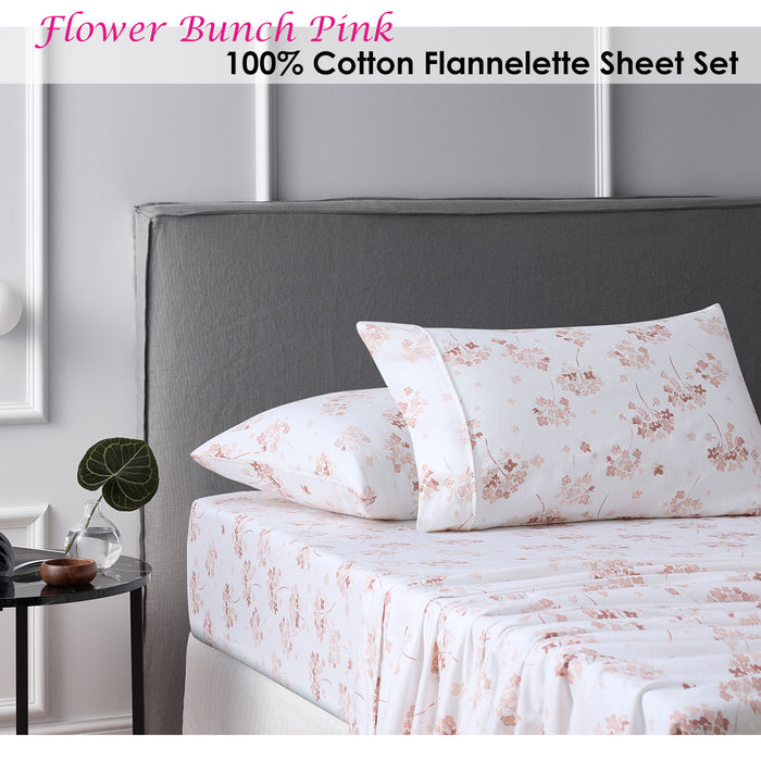 Danoz Direct -  Accessorize Cotton Flannelette Sheet Set Flower Bunch Pink Single