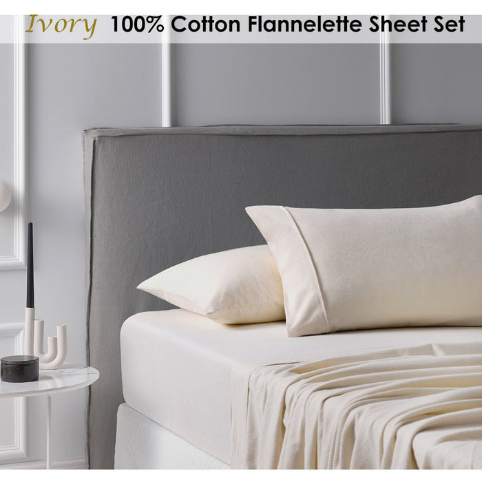 Danoz Direct -  Accessorize Cotton Flannelette Sheet Set Ivory Double