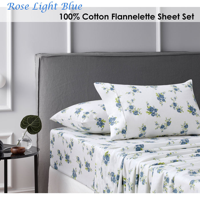 Danoz Direct -  Accessorize Cotton Flannelette Sheet Set Rose Light Blue Queen
