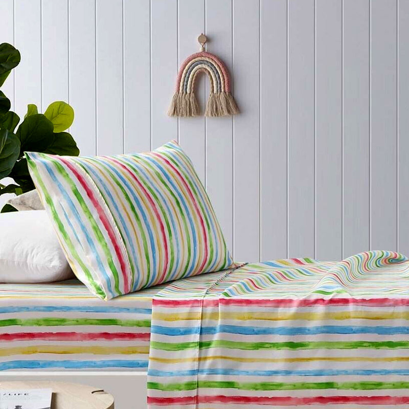 Danoz Direct -  Happy Kids Multi Stripes Printed Microfibre Sheet Set Double