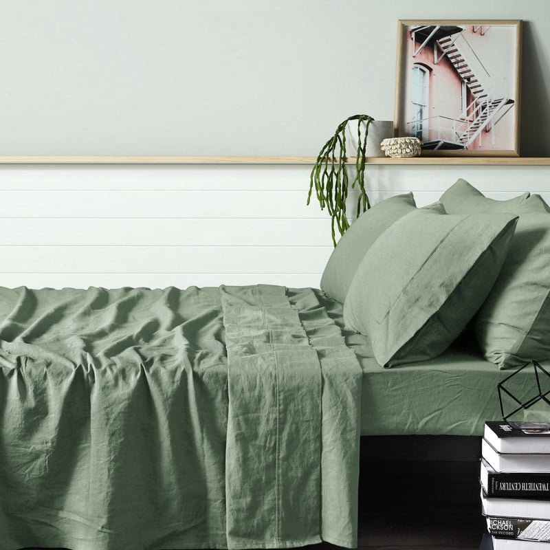 Danoz Direct -  Vintage Design Homewares 100% Linen Sage Sheet Set DOUBLE
