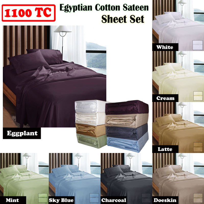 Danoz Direct -  Ramesses 1100TC Egyptian Cotton Sateen Sheet Set Eggplant Queen