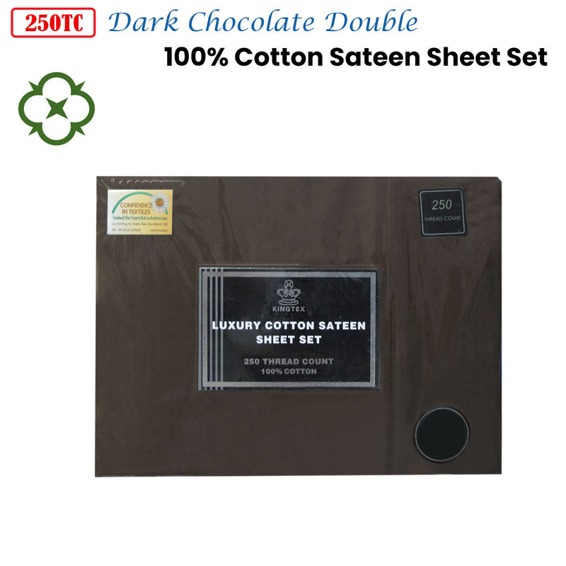 Danoz Direct -  Kingtex 250TC 100% Cotton Sateen Sheet Set Dark Chocolate Double