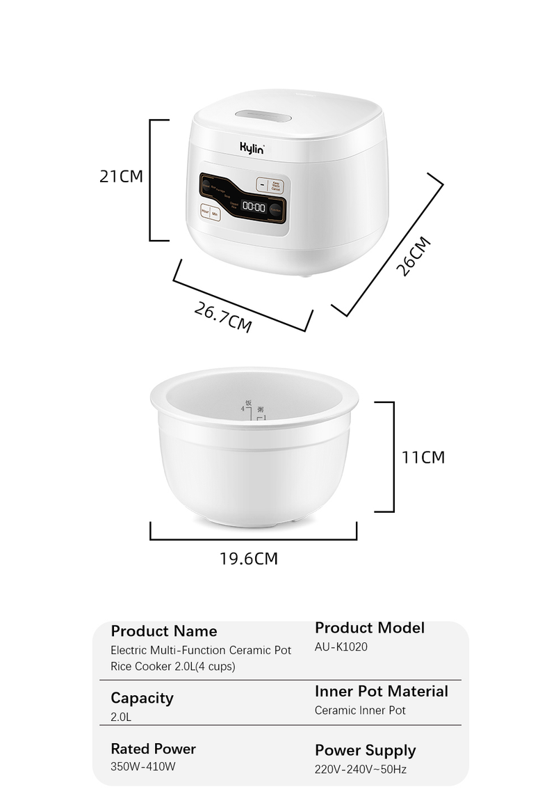 Danoz Cooking 🥘 Kylin Electric Multi-Function 4 Cups Ceramic Pot Rice Cooker 2L White
