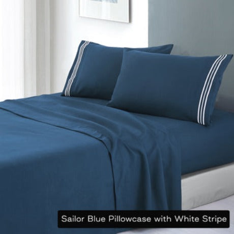 Danoz Direct -  soft microfibre embroidered stripe sheet set double Sailor Blue Pillowcase White Stripe