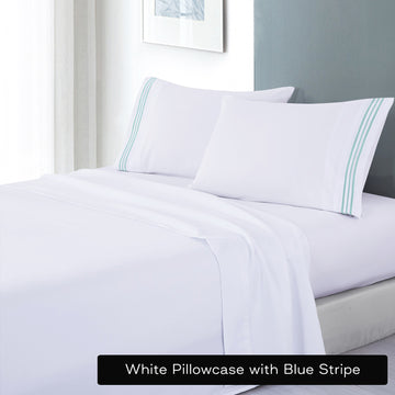 Danoz Direct -  soft microfibre embroidered stripe sheet set double white pillowcase blue stripe