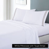 Danoz Direct -  soft microfibre embroidered stripe sheet set double white sheet taupe stripe