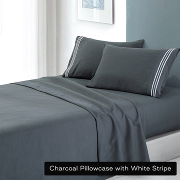 Danoz Direct -  soft microfibre embroidered stripe sheet set king charcoal pillowcase white stripe