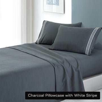 Danoz Direct -  soft microfibre embroidered stripe sheet set king single charcoal pillowcase white stripe