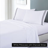 Danoz Direct -  white soft microfibre sheet set with colourful embroidered stripe king charcoal stripe
