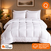 A white down alternative quilt doona displayed on a queen-sized bed in a room with minimalist decor.