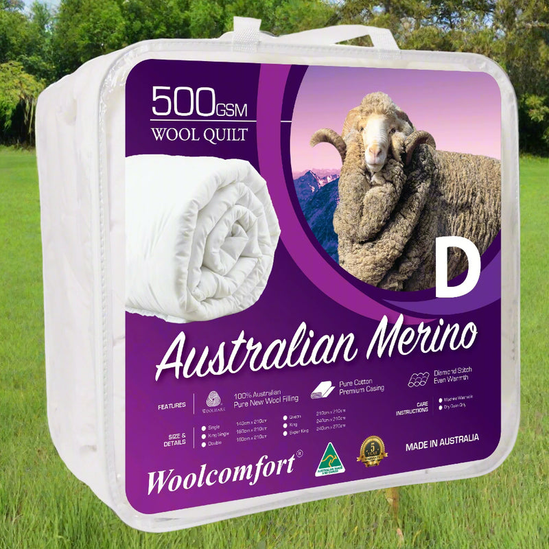Danoz Direct -  Woolcomfort Aus Made Merino Wool Quilt 500GSM 180x210cm Double Size