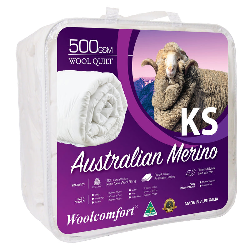 Danoz Beddings -  Woolcomfort Australian Made Merino Wool Quilt 500GSM 160x210cm King Single Size