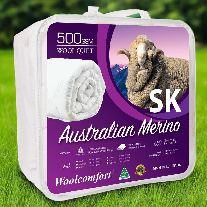 Danoz Beddings -  Woolcomfort Aus Made Merino Wool Quilt 500GSM 270x240cm Super King Size