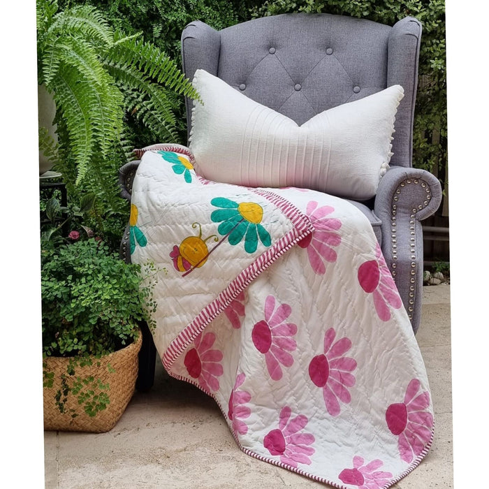 Danoz Direct -  GOTS Certified Organic Cotton Reversible Baby Quilt (100x120cm) - Bumblebee (Pink)
