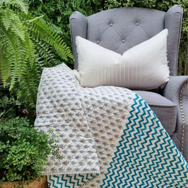 Danoz Direct -  GOTS Certified Organic Cotton Reversible Baby Quilt (100x120cm) - Little Fish (Blue)