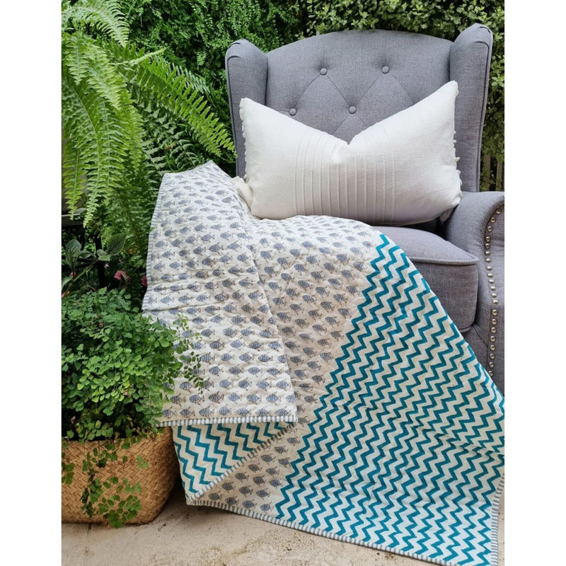 Danoz Direct -  GOTS Certified Organic Cotton Reversible Baby Quilt (100x120cm) - Little Fish (Blue)