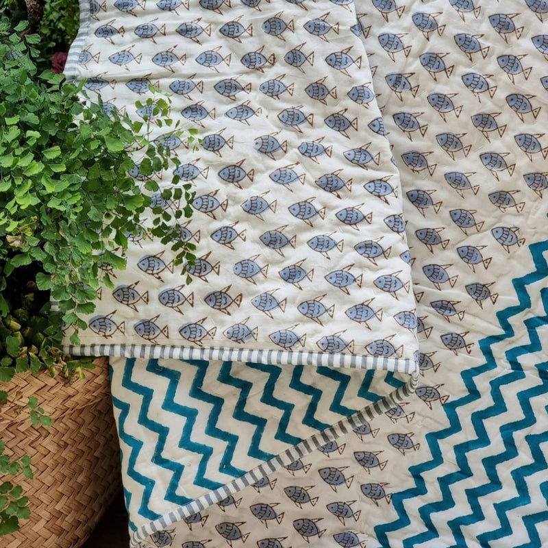 Danoz Direct -  GOTS Certified Organic Cotton Reversible Baby Quilt (100x120cm) - Little Fish (Blue)