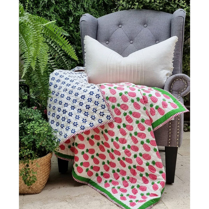 Danoz Direct -  GOTS Certified Organic Cotton Reversible Baby Quilt (100x120cm) - Pink Pineapple