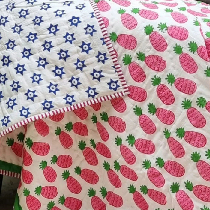Danoz Direct -  GOTS Certified Organic Cotton Reversible Baby Quilt (100x120cm) - Pink Pineapple