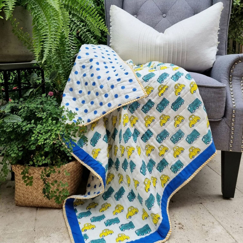 Danoz Direct -  GOTS Certified Organic Cotton Reversible Baby Quilt (100x120cm) - Yellow Cars
