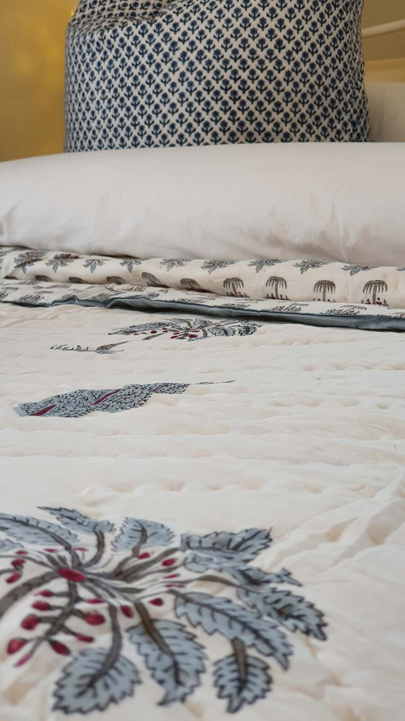 Danoz Direct - Kolka Palm & Pine Reversible Quilt 100% Cotton Blue - King Size