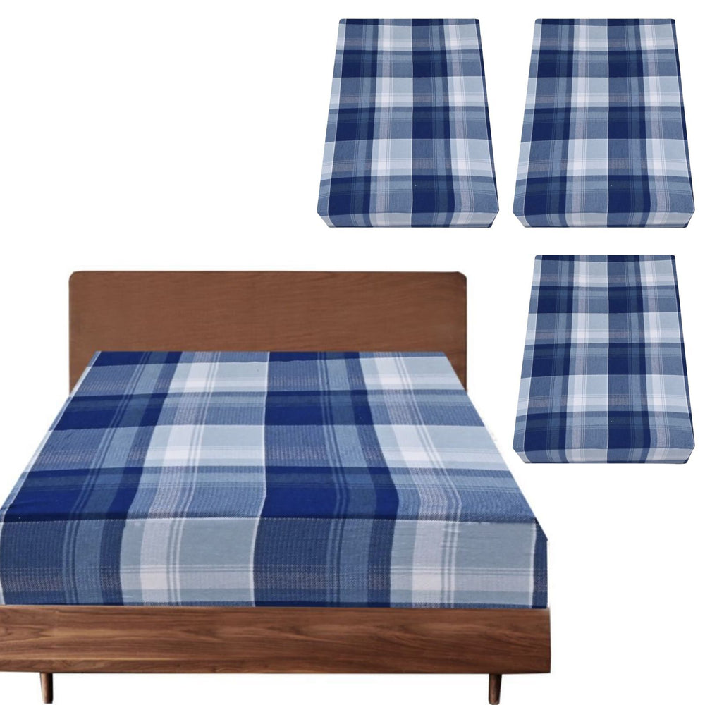 Danoz Direct -  3x Queen Luxury 100% Cotton Flannelette Fitted Bed Sheet - Blue Check Print