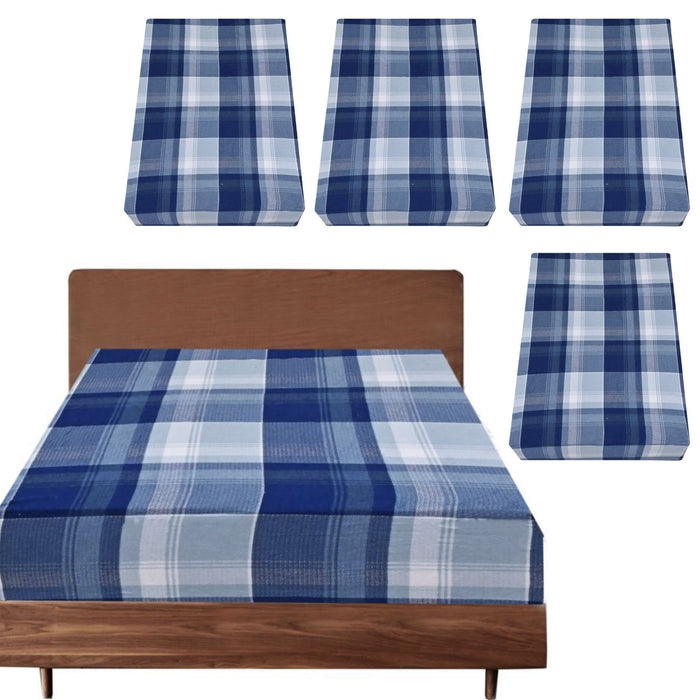 Danoz Direct -  4x Queen Luxury 100% Cotton Flannelette Fitted Bed Sheet - Blue Check Print