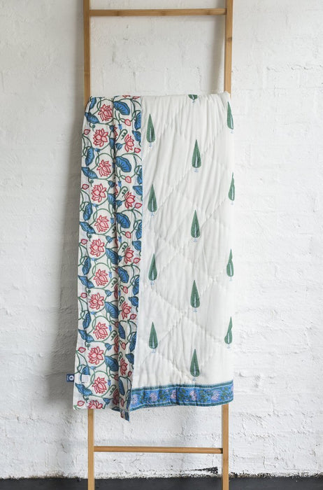 Danoz Direct -  Kolka Kumudani Quilt 100% Cotton Lotus and Pines Print - Queen Size