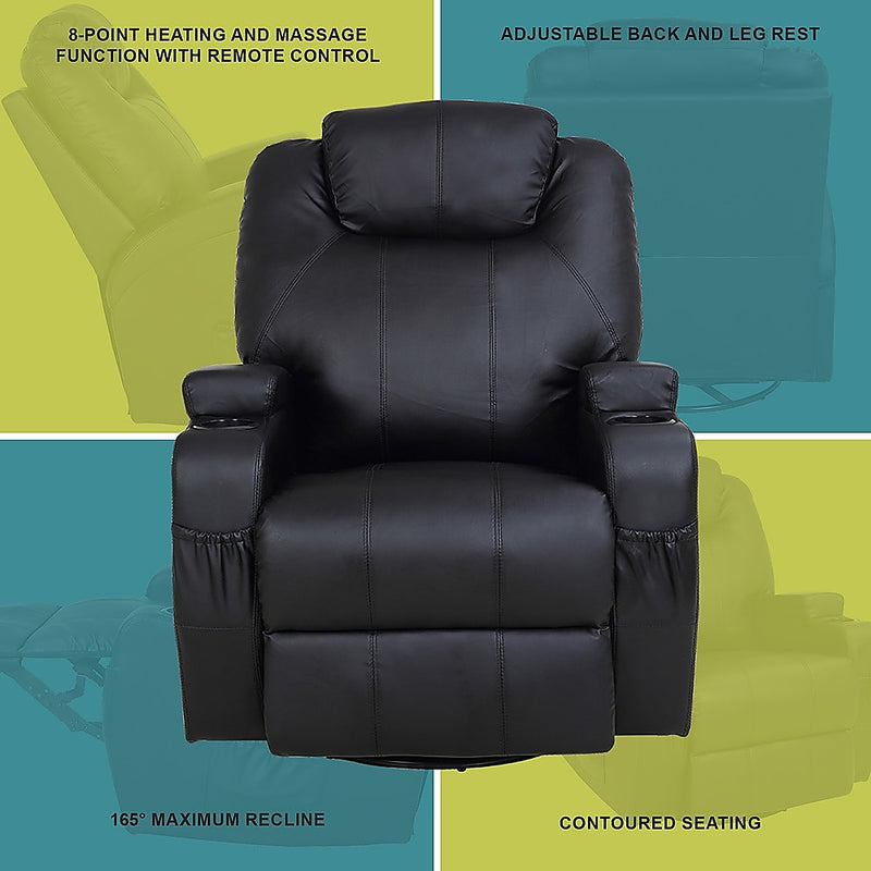 Danoz Furniture - Massager Sofa Chair Recliner 360 Degree Swivel PU Leather Lounge 8 Point Heated