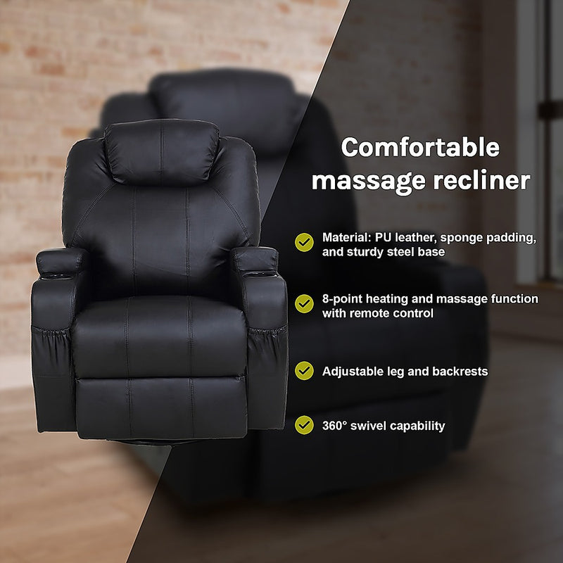 Danoz Furniture - Massager Sofa Chair Recliner 360 Degree Swivel PU Leather Lounge 8 Point Heated