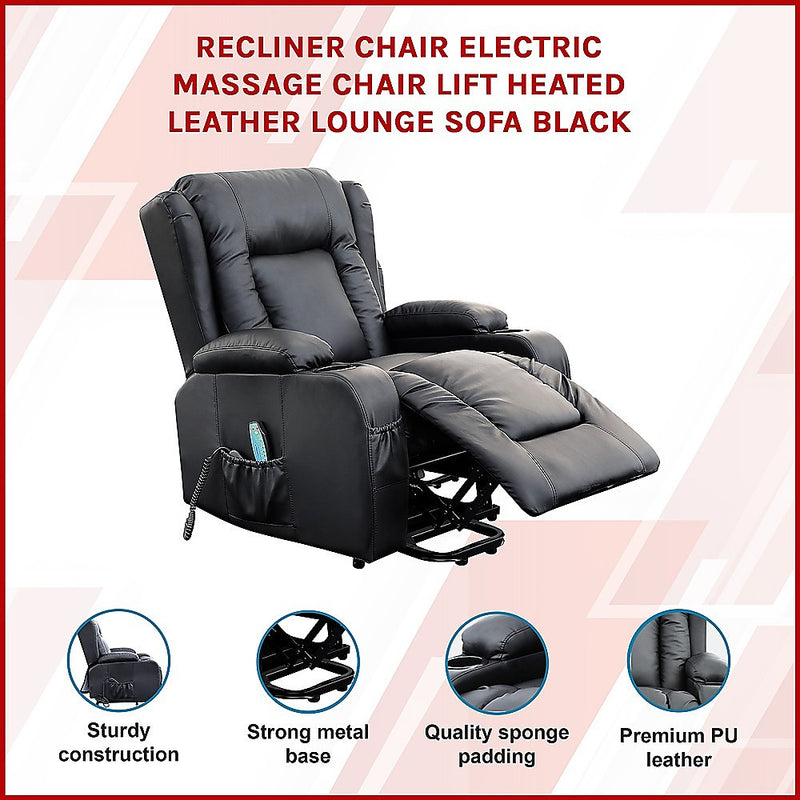Danoz Direct - Recliner Chair Electric Massage Chair Lift Heated Leather Lounge Sofa Black