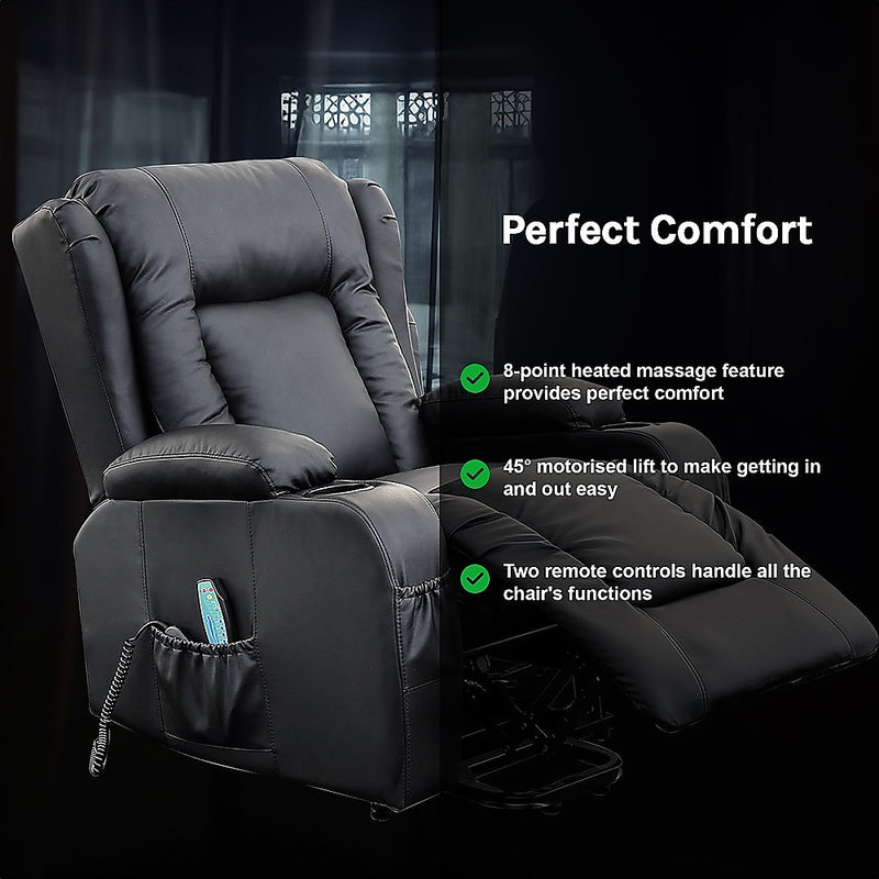 Danoz Direct - Recliner Chair Electric Massage Chair Lift Heated Leather Lounge Sofa Black